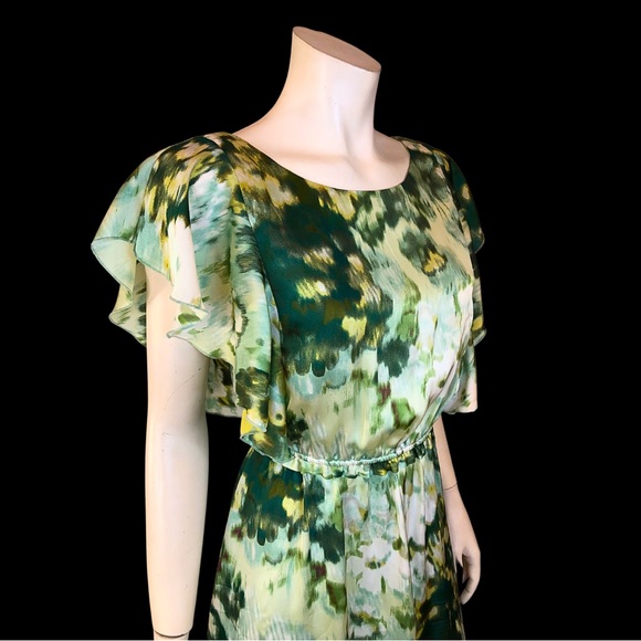 H&M Green Abstract WATERCOLOUR Silky Flutter Sleeve Spring Mini Dress 6 - Picture 3 of 8